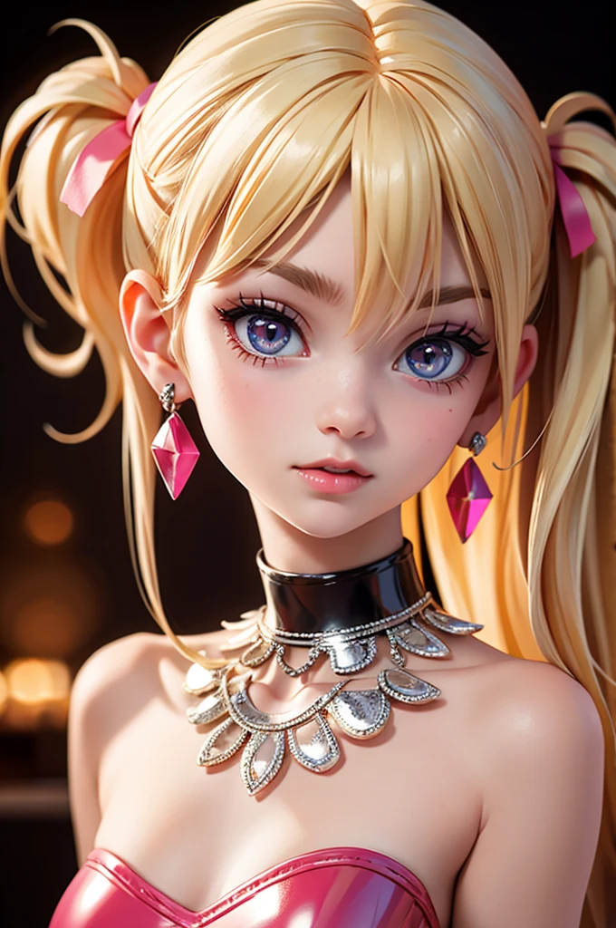 (nightclub) hyperrealistic 14 year old american teen, blonde, perfect tiny body, ????, dark makeup, choker, perfect slim face, big red lips, very cute face, tiny body, big eyes, young looking, childish looking, big earrings, pink latex party dress
