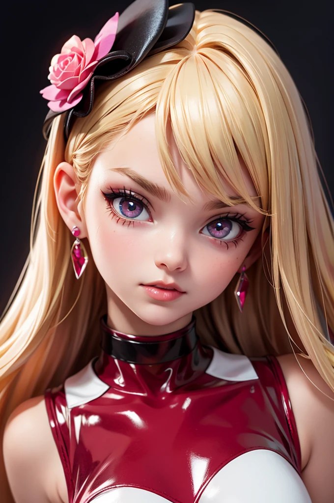 (nightclub) hyperrealistic 14 year old american teen, blonde, perfect tiny body, sexy, dark makeup, choker, perfect slim face, big red lips, very cute face, tiny body, big eyes, young looking, childish looking, big earrings, pink latex party dress