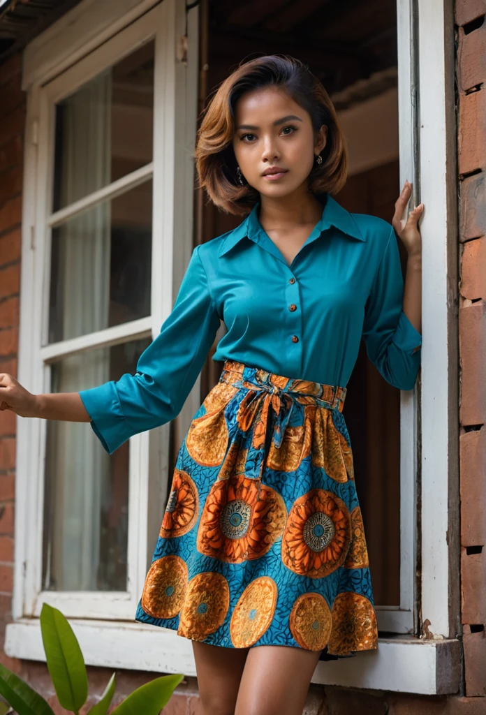 (establishing shot view :1.1), pretty malay girl wearing 1970s attire and haircut, standing on a window of a house, stunning,dynamic angle,hyper-realistic,highly detailed,lightroom,(motion blur),iso 150,dramatic lighting,((psychedelic)),natural lighting,vibrant,dramatic expressive background,intricate detail, 
