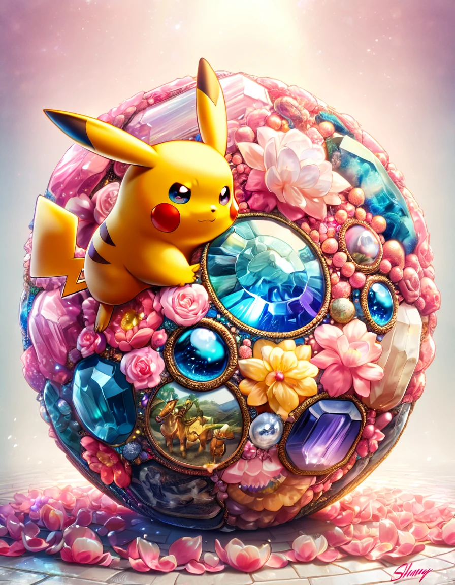 absurdres, highres, ultra detailed, HDR, master piece, best quality, Pikachu, Pokemon, cute, fantasy, shining, pink flowers, pink blossoms, pink petals