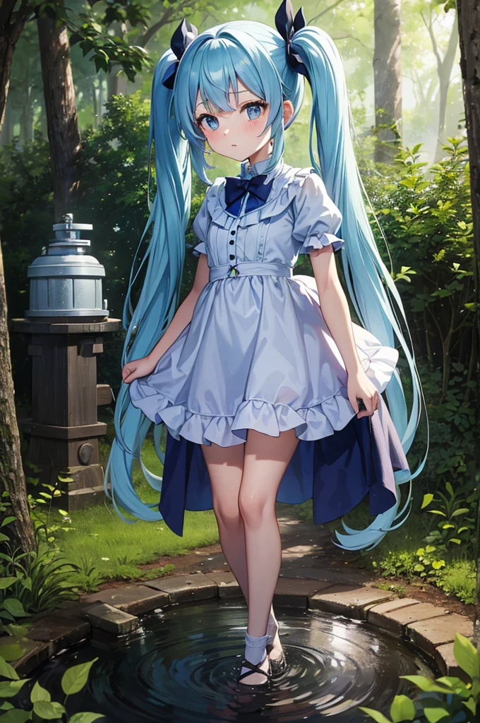 A girl with long light blue hair and twin tails comes out of a deep well. An old well in the forest, a beautiful girl with long light blue hair and twin tails, and rabbits and squirrels around the well.