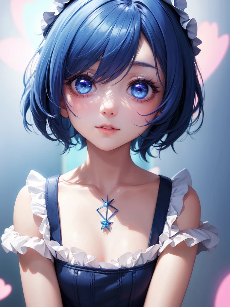 1girl, portrait, loli anime girl with short blue hair wearing maid outfit, blue hair with pink gradient, close up face, detailed eyes, detailed hair, emotional lovely happy expression, crystal glowing eyes, cinematic lighting, extremely detailed body, face, clothes, ultra HD, masterpiece, very very anime style, bokeh, starry shining lighting