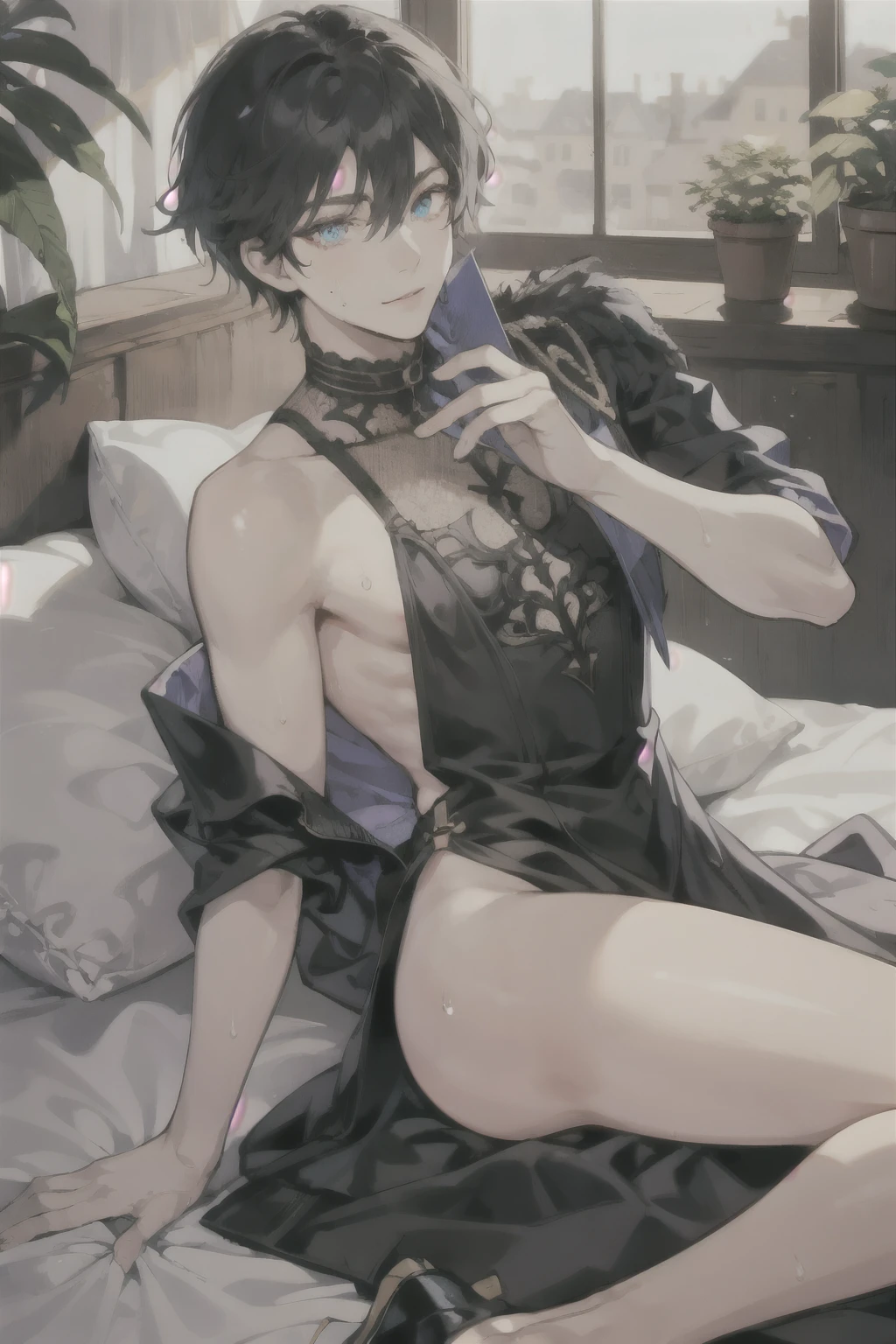 masterpiece, best quality, ultra detailed, (solo man), (male focus), ((Oblong face)), ((Square jawline)), black hair, ((hairs between eyes)), ((shoulder length)), ((narrow blue eye)), fair skin, skinny body, beauty mark, snfw, {uniform, outfit, clothes}, black evening dress, , lying on bed, wet skin, (completely nude:1.0), ing an insincere smile:0.7)
