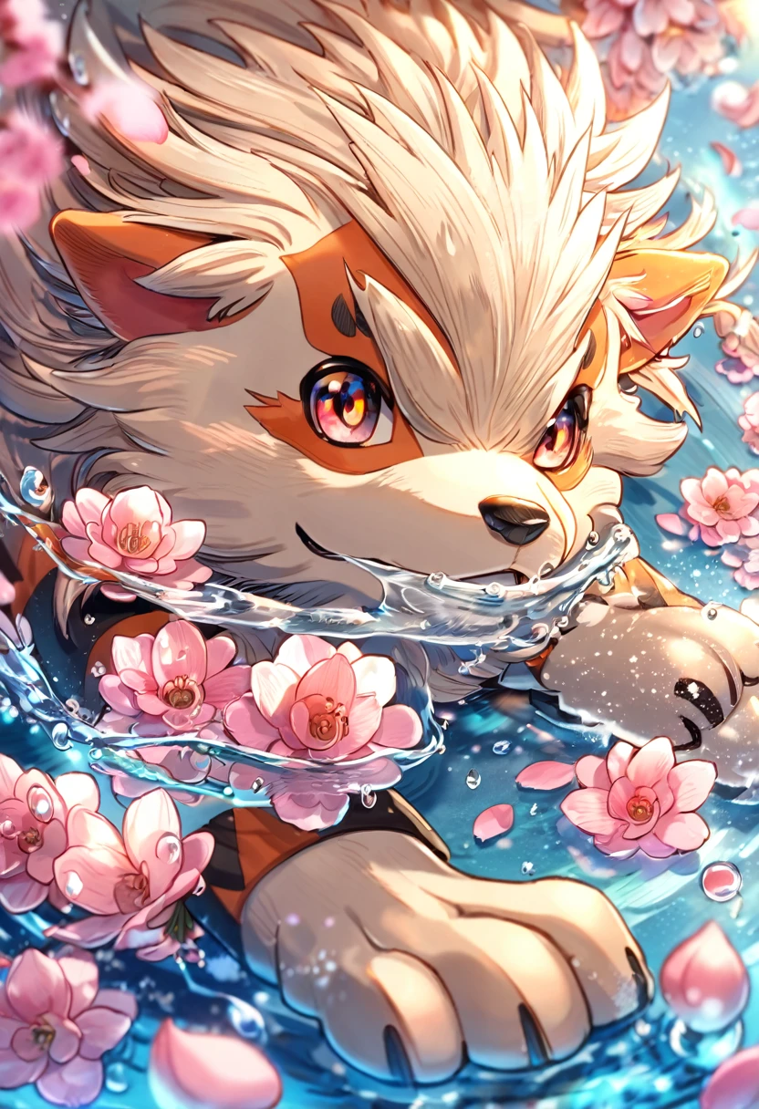 absurdres, highres, ultra detailed, HDR, master piece, Arcanine, Pokemon, extremely cute, best quality, blossoms, pink petals, pink flowers, fantasy, magical, solo, water, summer, droplet