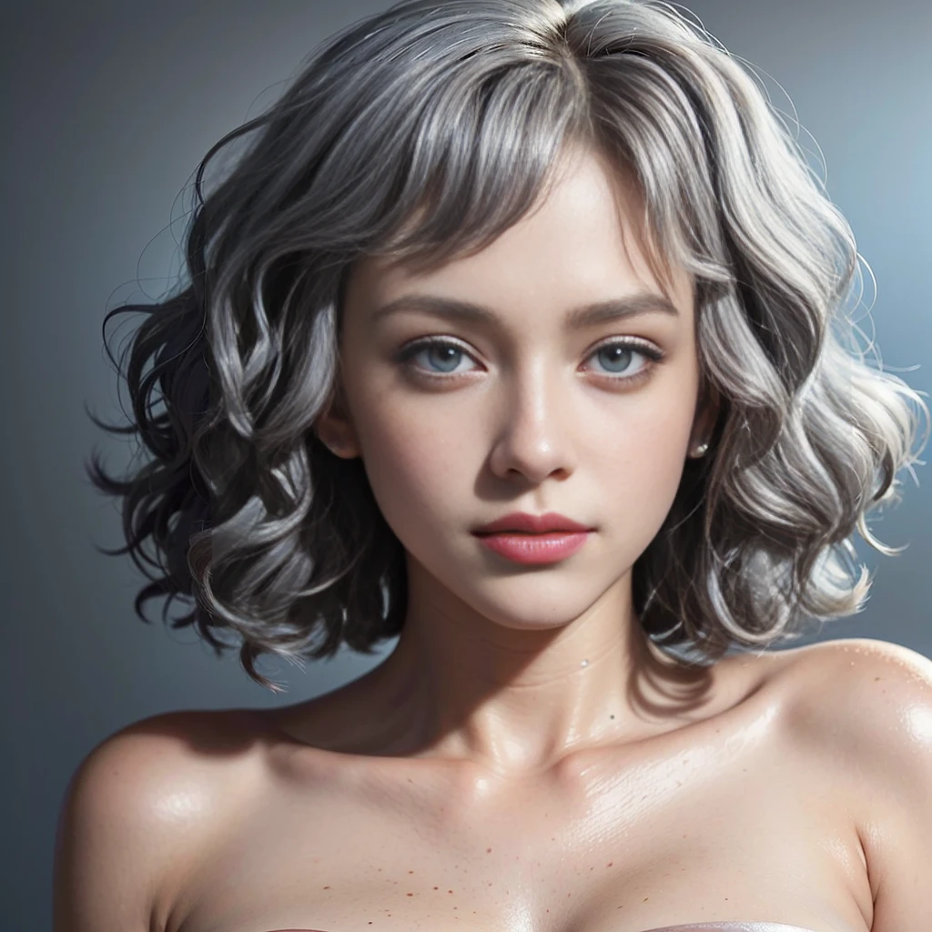 ((top-quality, Photorealsitic:1.4, masterpiece:1.3, RAW Photography:1.2, cinematric light, very detailed illustration), , (ultra delicate face, ultra Beautiful fece, ultra delicate eyes, ultra detailed nouse, ultra detailed mouth, ultra detailed facial features), (medium breast:1.3), skiny, lipgloss,
a beautiful woman, ((gray hair)), ((curly bob cut)), hair in 7 thirds, light blue eyes, detailed skin, freckled skin, 20 years old, ((wavy hair)), ((hair over one ear)), ((Forehead)), ((1girl, solo)),