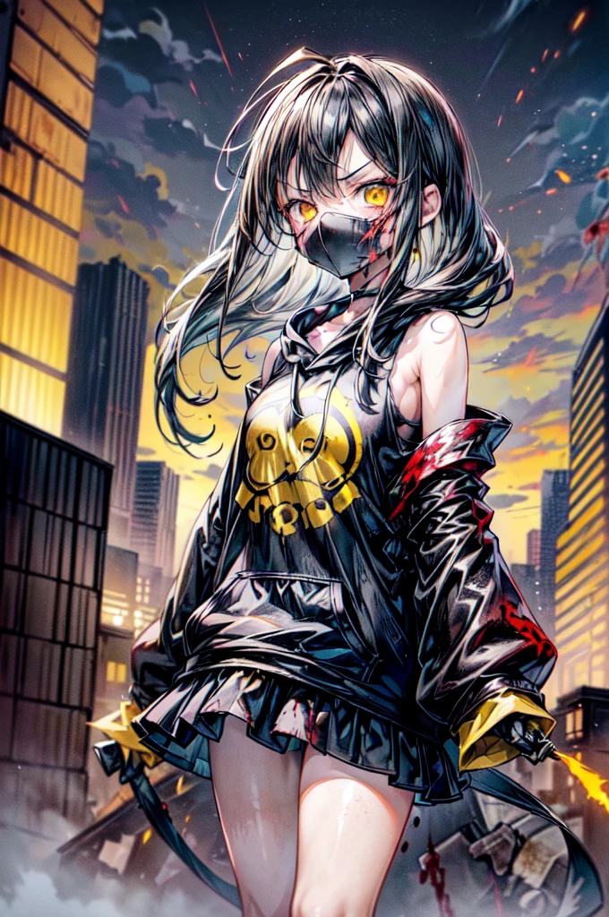 ((1 GIRL)) ((2d anime girl)), ((Japanese)) 18-year-old, ((2d anime girl)), ((dark-haired)), ((shoulder length hair))((windswept hair)) ((ultra high quality)) ((4k UHD)) ((Best Quality)) ((Daytime)) ((yellow glowing eyes)), wearing a black hoodie sweatshirt with the slogan (("Kaiju")) in black letters and (((blood splattered))) on it and her face, standing in the street of a ((ruined city)) filled with ((heavily damaged)) and dilapidated (( tall skyscrapers on fire)) and ((crushed vehicles on fire)) and small fires all around and an ((angry)) ((Intimidating)) expression, standing on a giant monstrous footprint in the ground.