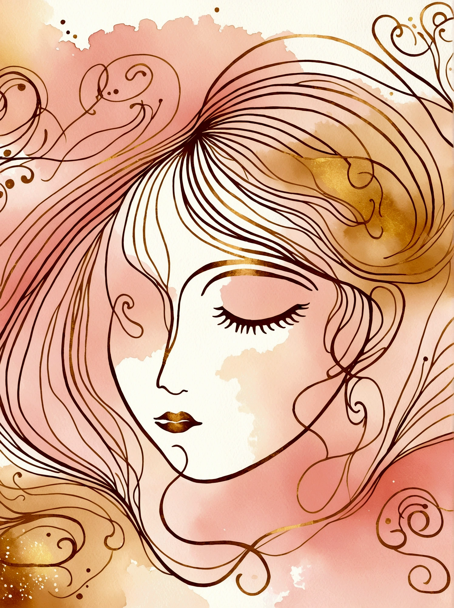 A line art illustration of a person's face in bronze and gold colors. Surrounding the face are a couple of hand-drawn lines, wisps and tendrils in a bronze color. The watercolor background should have soft pink, peach and cream colors.