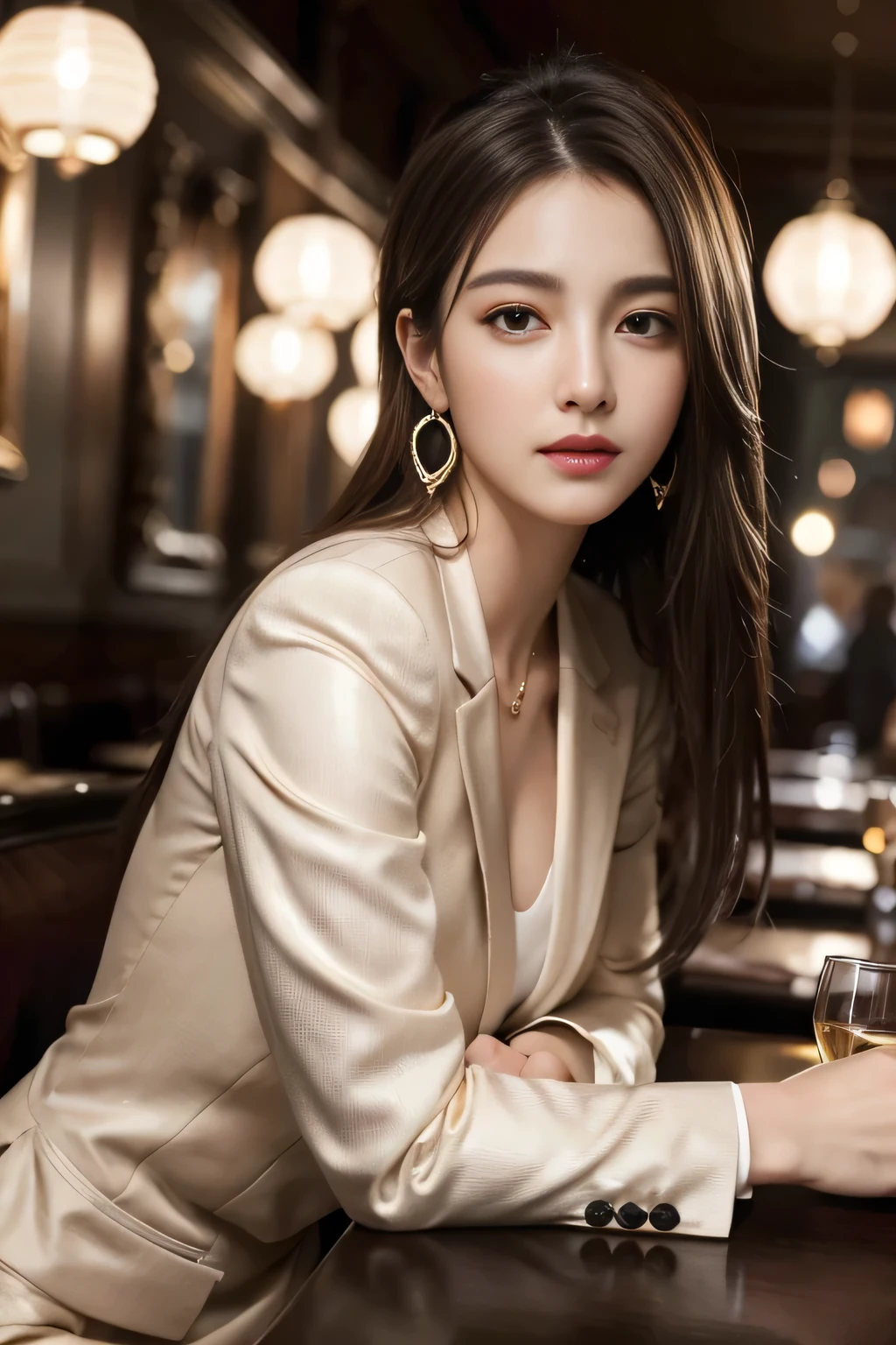 masterpiece, Highest quality, Realistic, Very detailed, Finer details, High resolution, 8k wallpaper, One beautiful woman,Wear a nice suit, In a great restaurant, At night, Light brown messy hair, Perfect dynamic composition, Beautiful and beautiful eyes、Big earrings、Sit on a chair