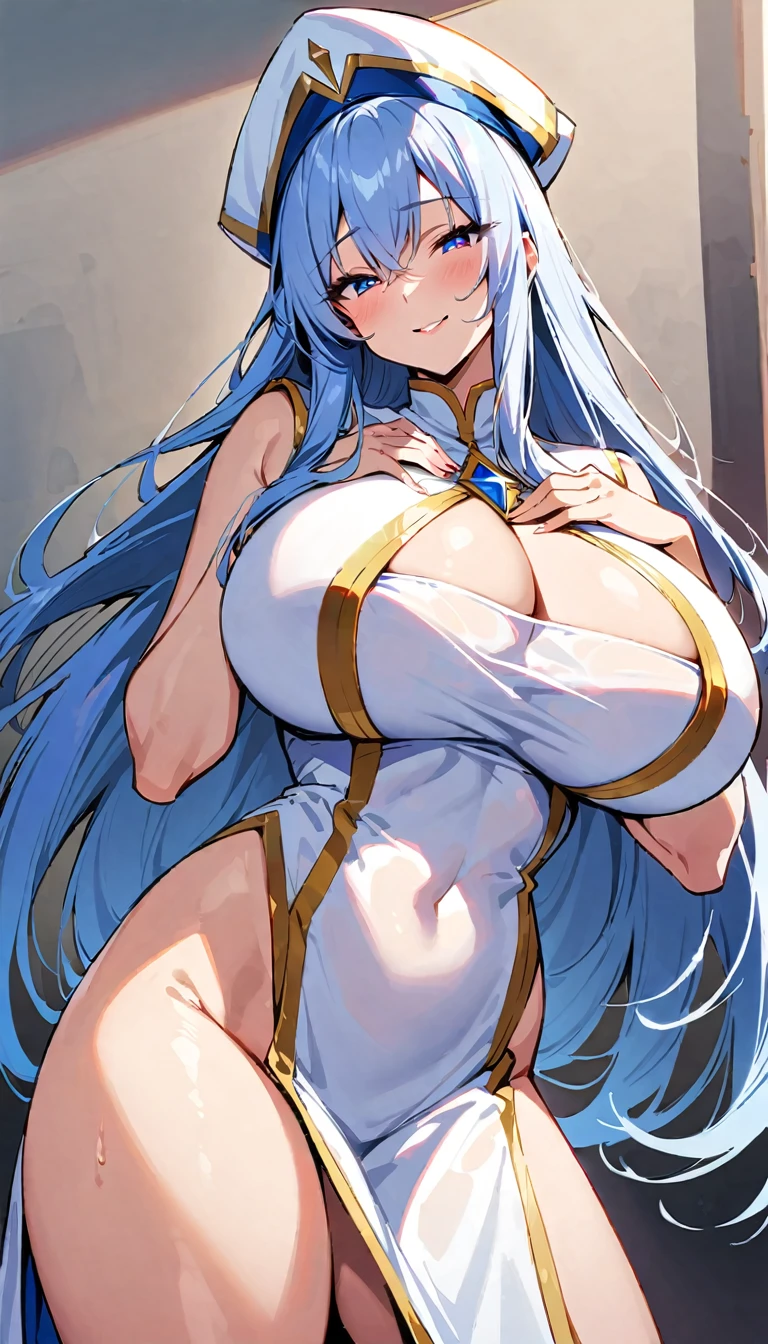 mastepiece, best quality, solo, (adult woman), huge breasts, wavy long hair, seductive smile, priestess, round-shaped cap, standing, hand on chest, cowboy shot