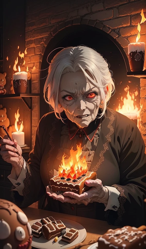 (Anime style:1.5), (highly detailed), (1 sinister and creepy old woman with white hair and red eyes, burning in flames), (vibrant flames defeating the evil force), (dark and twisted interior of the candy house), (ominous atmosphere with fire lighting), (walls made of gingerbread and candy), (sweets and treats all around)