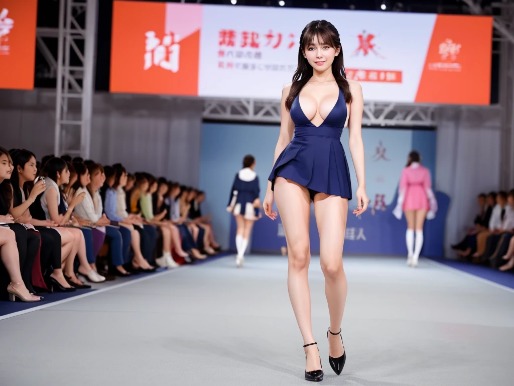 A live-action photo of an extremely beautiful Japanese high school girl race queen who highlights her large breasts and beautiful legs.、Photographed walking down the runway at the new Victoria's Secret lingerie fashion show wearing the latest lingerie、She is an eternal idol who combines a clean look with modern charm.。 She creates such beauty。 She feels her own warmth。 She creates a warm atmosphere。 We create beauty。 That's what I want to say。 In her full body photo、The figure features porcelain-like skin and golden hair that radiates a soft glow.。 This is probably、It captured the essence of her timeless charm.、This is the best shot ever.。 Each straight line and curve is carefully expressed.、Breathtakingly beautiful with impeccable detail。 This piece perfectly captures her timeless beauty.。 Divine Proportions、Sharp focus、Full-body photo taken by Kishin Shinoyama、high quality、High resolution、Detailed Background