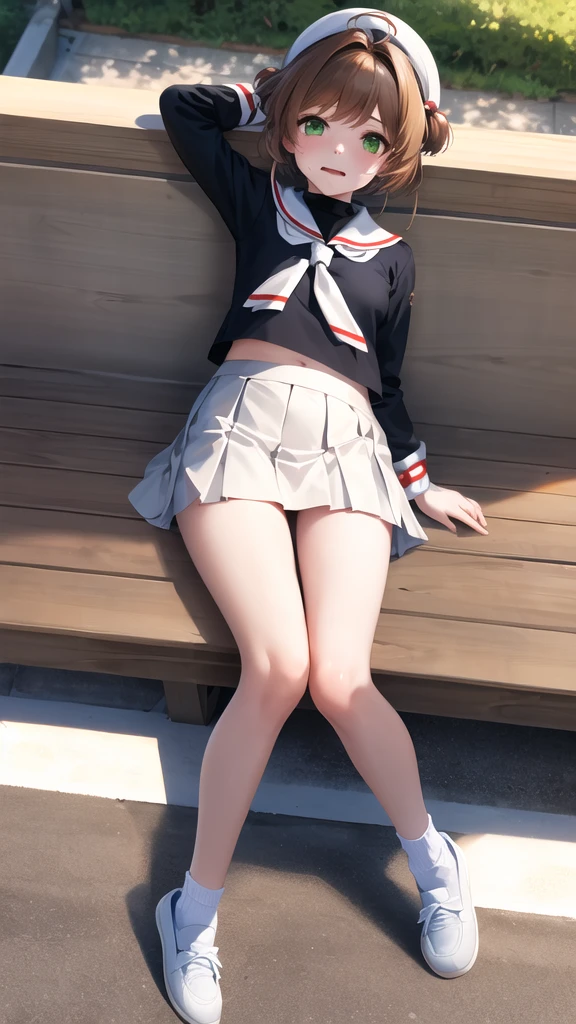 masterpiece, best quality, highres, kinomoto sakura, 1girl, brown hair, short hair, antenna hair, two side up, hair bobbles, green eyes, , white sailor collar, black shirt, long sleeves, white skirt, pleated skirt, sitting, eating, outdoors, bench, food, leaf, (masterpiece, best quality: 1.2),(very detailed face, real image, realistic skin, realistic body, intricate details),1 woman, Kinomoto Sakura, brown hair, alone, skirt, green eyes, Short hair, have, white skirt, white hat, Magic Girl, Antenna hair, laugh, serafuku, pleated skirt, dehisce, looking at viewer, cowboy shot, long sleeves, star (symbol), muffler, lie down in bed with both arms extended above the head and placed behind the pillow, anime girl lying down, expose plump breasts, whole body, plump thighs, Natural Pose, beautifully, cute, Fix errors without any awkwardness, tall, I have long legs, Wearing (tomoeda_초등school_school_Uniform),black top, tennis mini skirt,cry in shame, wearing white ankle socks, random sexy poses
