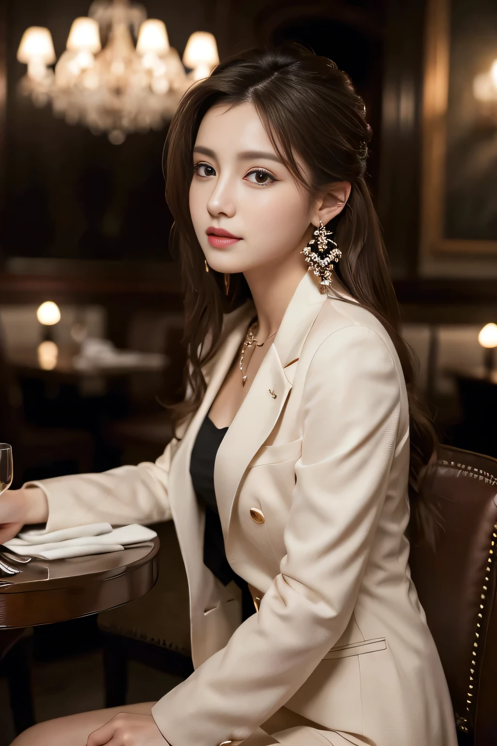 masterpiece, Highest quality, Realistic, Very detailed, Finer details, High resolution, 8k wallpaper, One beautiful woman,Wear a nice suit, In a great restaurant, At night, Light brown messy hair, Perfect dynamic composition, Beautiful and beautiful eyes、Big earrings、Sit on a chair