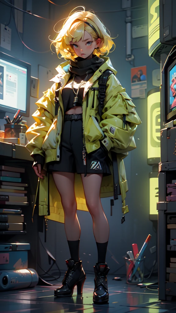 1 girl, short yellow hair, cyberpunk, Alice in Wonderland, black high heels, hand in pocket, best quality, 4k, 8k, highres, masterpiece:1.2, ultra-detailed, realistic, photorealistic, photo-realistic:1.37, HDR, UHD, studio lighting, ultra-fine painting, sharp focus, physically-based rendering, extreme detail description, professional, vivid colors, bokeh, concept art