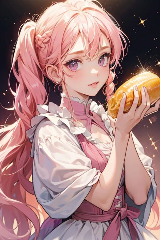Rolls has ginger braided hair, with pigtails behind her, black eyes, a pink nose and white skin. SPARKLE; GLITTER