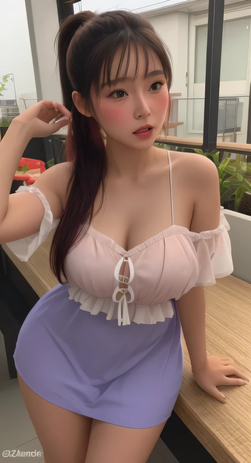 Filipina woman, Intimate, moaning face blush, red blushy cheeks, ponytail, feeling horny, beautiful thighs, in love, Having an orgasm, wearing summer mini dress