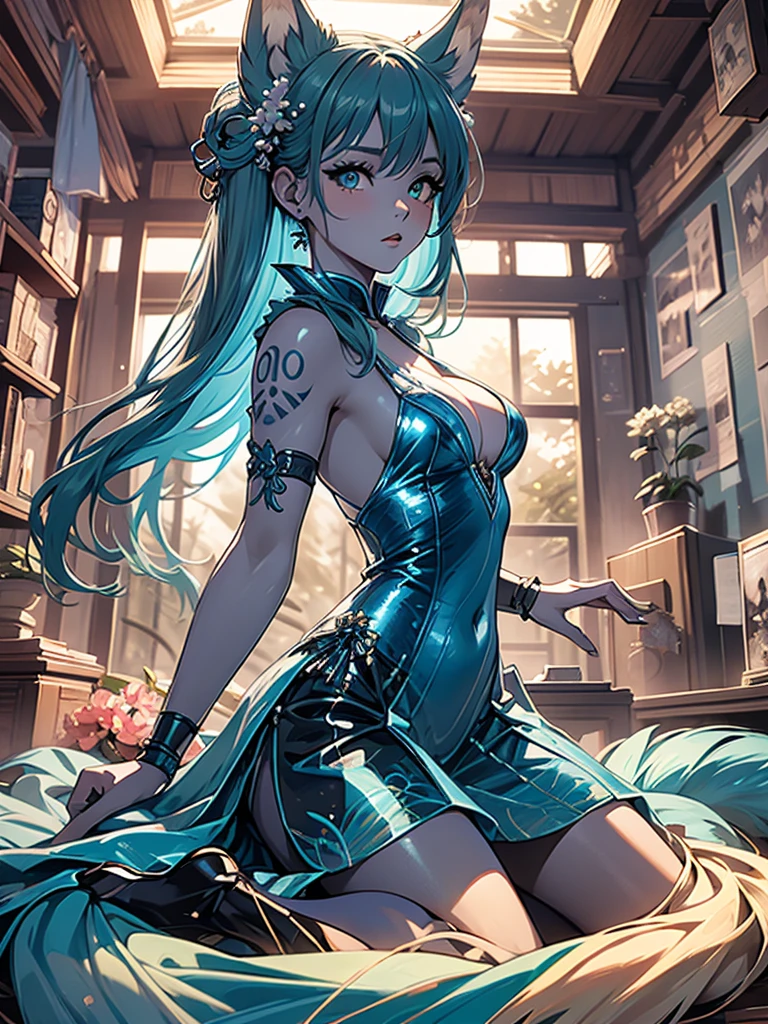 The best quality ((Masterpiece)) high definition Miku Hatsune x vixen high definition add_detail:1, blue fur,kitsune ears, tribal tattoo add_detail:1, pretty girl add_detail:1, feudal priestess clothing add_detail:1, japanese shrine landscape add_detail:1, japanese shrine costume add_detail:1, add_detail:1, full body add_detail, highly detailed face, deep aqua iris add_detail:1