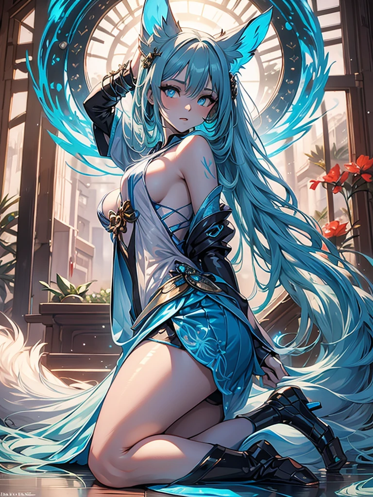  The best quality ((Masterpiece)) high definition Miku Hatsune x vixen high definition add_detail:1, blue fur,kitsune ears, tribal tattoo add_detail:1, pretty girl add_detail:1, feudal priestess clothing add_detail:1, japanese shrine landscape add_detail:1, japanese shrine costume add_detail:1, add_detail:1, full body add_detail, highly detailed face, deep aqua iris add_detail:1