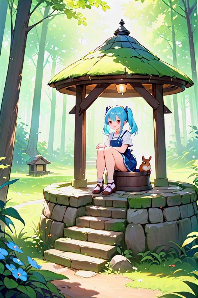 An old well in the forest, a beautiful girl with long light blue hair and twin tails, and rabbits and squirrels around the well.