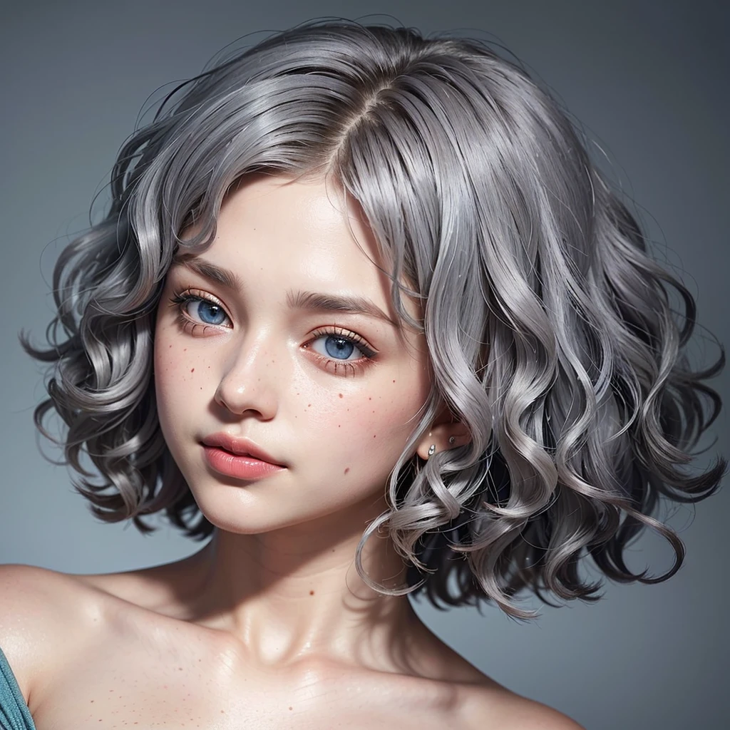 ((top-quality, Photorealsitic:1.4, masterpiece:1.3, RAW Photography:1.2, cinematric light, very detailed illustration), , (ultra delicate face, ultra Beautiful fece, ultra delicate eyes, ultra detailed nouse, ultra detailed mouth, ultra detailed facial features), (medium breast:1.3), skiny, lipgloss,
a beautiful woman, ((gray hair)), ((curly bob cut)), hair in 7 thirds, light blue eyes, detailed skin, freckled skin, 20 years old, ((wavy hair)), ((hair over one ear)), ((Forehead)), ((1girl, solo)),