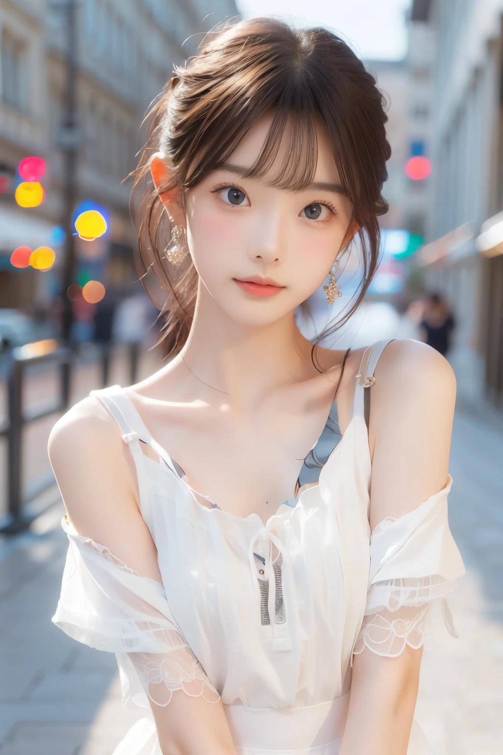 (8K, Highest quality, masterpiece: 1.2), Super detailed, Highest quality, Ultra-high resolution,, Super Short Hair, side lock hair, Earrings, Silky blonde, Professional Lighting,, Paris , Storm scene, Edwardian woman in white, watercolor