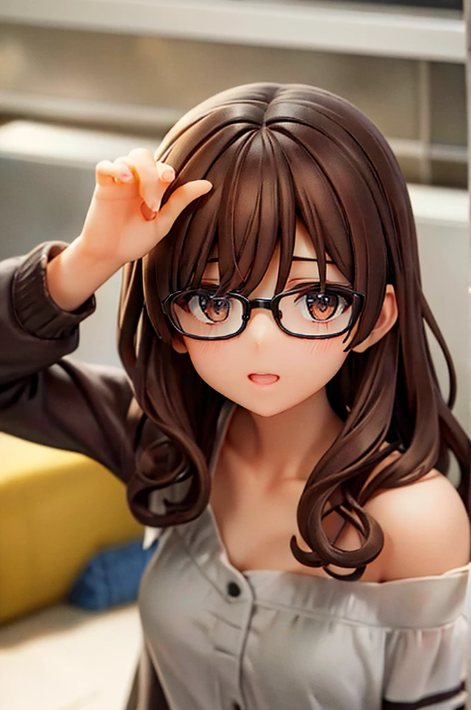 eyes browns, dark brown hair (wavy hair with bangs), square glasses
