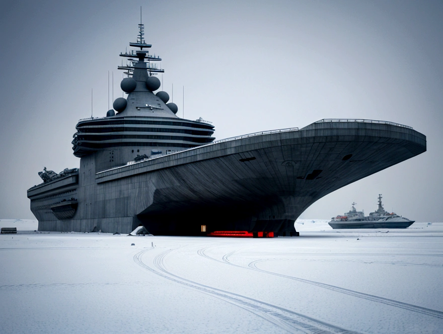 On a frozen planet, an alien spaceship of futuristic war and organic design is parked on the icy surface. The ship has an imposing structure with curved shapes, Several alien crew members are descending an extended ramp from the ship with spacesuits adapted to the icy environment., showing advanced and incomprehensible technologies. In the background, a brutalist minimalist concrete station is erected. The station has straight and robust lines, with a solid and monolithic appearance, contrasting with the icy surroundings. The structure is simple but imposing. cinematic lighting, very high resolution, 4K hyper realistic image