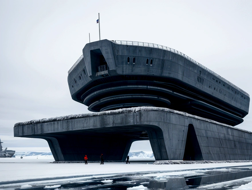 On a frozen planet, an alien spaceship of futuristic war and organic design is parked on the icy surface. The ship has an imposing structure with curved shapes, Several alien crew members are descending an extended ramp from the ship with spacesuits adapted to the icy environment., showing advanced and incomprehensible technologies. In the background, a brutalist minimalist concrete station is erected. The station has straight and robust lines, with a solid and monolithic appearance, contrasting with the icy surroundings. The structure is simple but imposing. cinematic lighting, very high resolution, 4K hyper realistic image