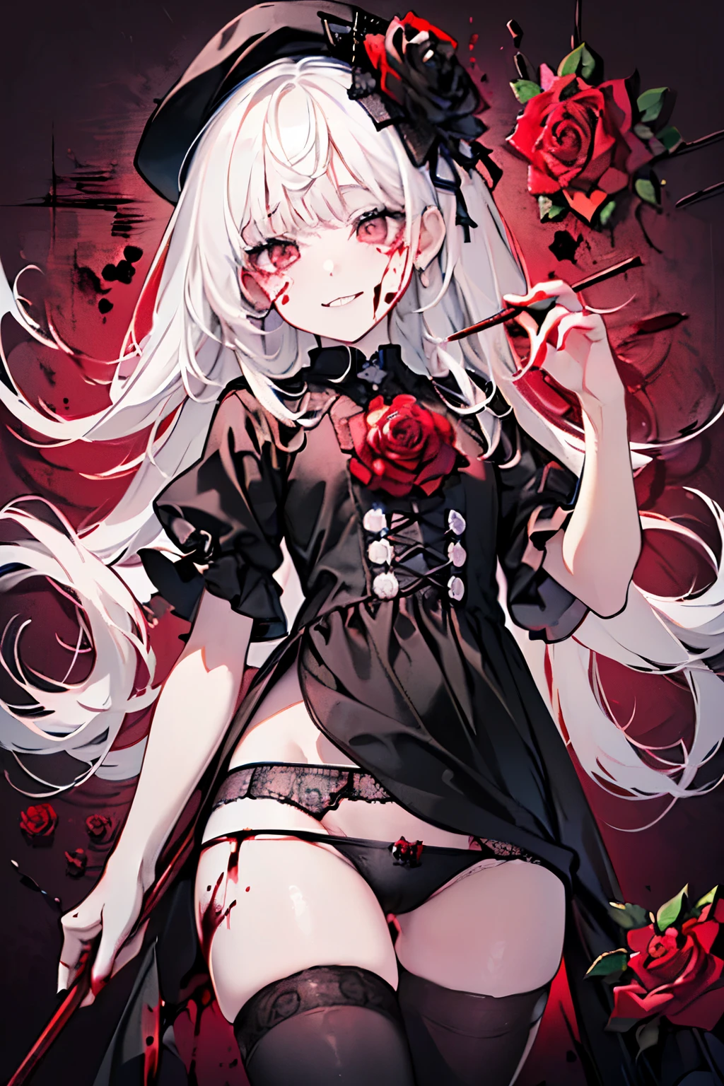 ((high Quality:1.3)),((beautiful view:1.3)),((pastel color:1.2)),(black magic:1.4),(Nihilistic smile),(brush),(Sick face:1.3),(Dark circles under the eyes:1.3),((Black goth clothes:1.2)),((cute,kawaii,Stylish:1.2)),(Sexy luster:1.35),//BREAK,(Blood red rose background:1.45),((Cowgirl:1.2)),(NSFW:1.25),((Angle from below:1.2)),(Panty shot:1.3),(Peeking into pants:1.2).