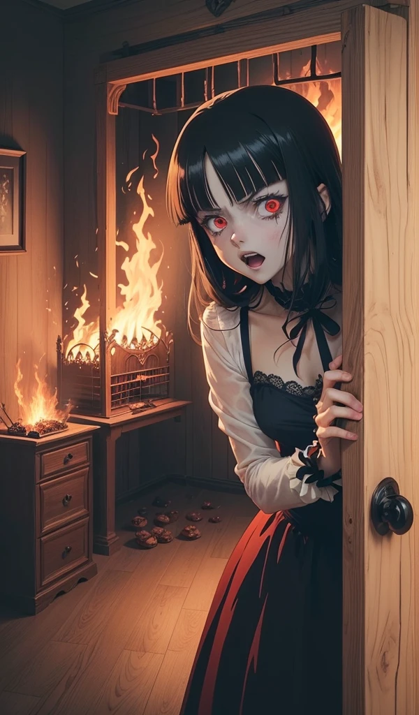 (Anime style:1.5), (highly detailed), (1 girl freeing 1 boy from a wooden cage), (scared expression), (evil and scary old woman on fire in the background), (fire lighting up the room), (dark and twisted interior of the candy house), (dark and ominous atmosphere with shadows dancing on the walls), (walls made of gingerbread and candy), (sweets and treats all around), (feeling of imminent danger)