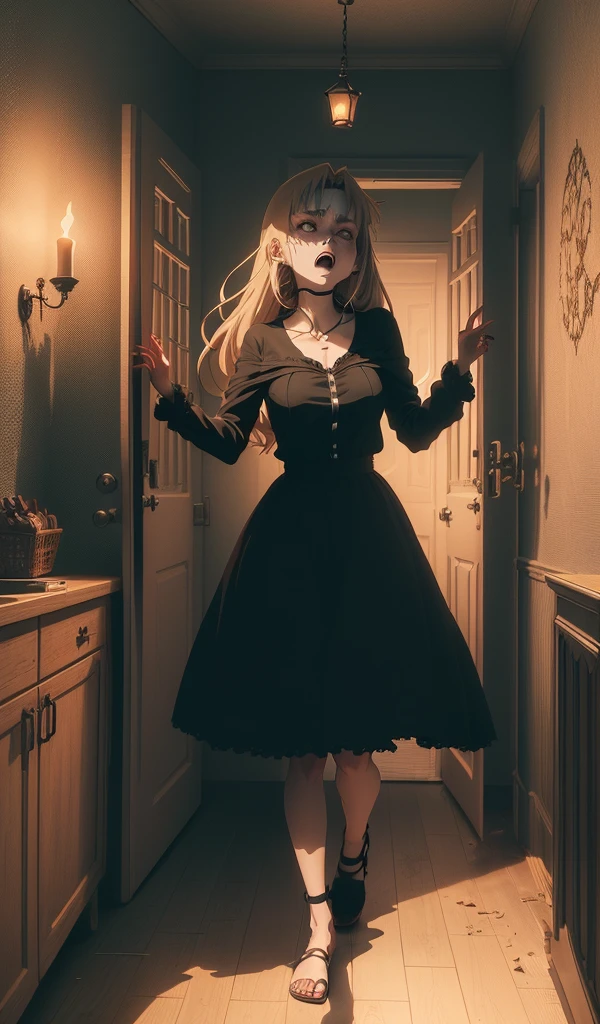 (Anime style:1.5), (highly detailed), (1 girl freeing 1 boy from a wooden cage), (scared expression), (evil and scary old woman on fire in the background), (fire lighting up the room), (dark and twisted interior of the candy house), (dark and ominous atmosphere with shadows dancing on the walls), (walls made of gingerbread and candy), (sweets and treats all around), (feeling of imminent danger)
