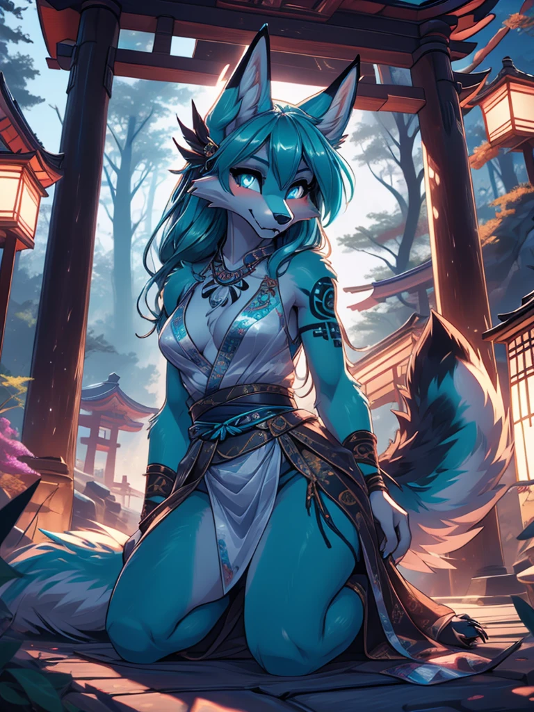Miku Hatsune x vixen high definition good anatomy add_detail:1, blue fur,kitsune ears, tribal tattoo add_detail:1, cute girl add_detail:1, feudal priestess clothing add_detail:1, japanese shrine landscape add_detail:1, japanese shrine costume add_detail:1, add_detail:1, full body add_detail, highly detailed face, deep aqua iris add_detail:1 lighting eyes add_detail:3, wolf claws, sharp fangs add_detail:1, wild slut add_detail:1