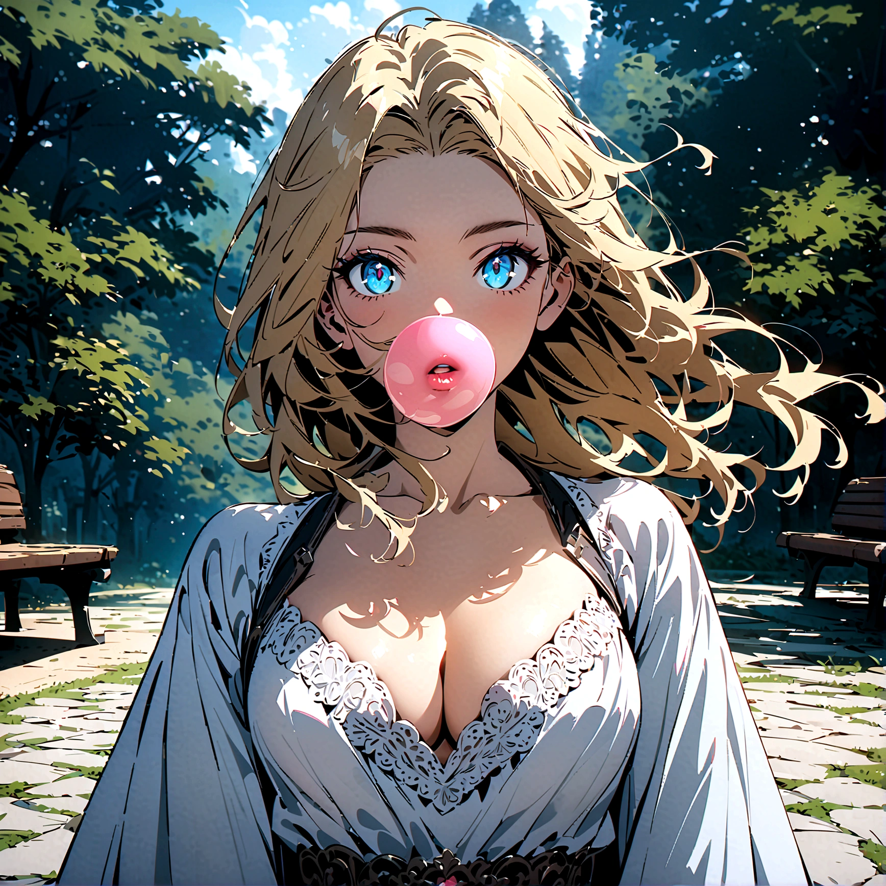 Anime art style, Spoiled brat, blond hair, perfect hair, blue eyes, chic and expensive clothes, magnificent white dress, blowing pink gum, detailed gum, reflects in the gum, look of superiority, cleavage, daddy's girl park background, stone floor, wooden bench, large trees, hair floating in the wind, looking at viewer, upper body view,  majestic make up, majestic face, highres, ultra-detailed, (best quality,4k,highres,masterpiece),subdued colors, vivid colors, professional lighting, detailed lips, detailed eyes.
