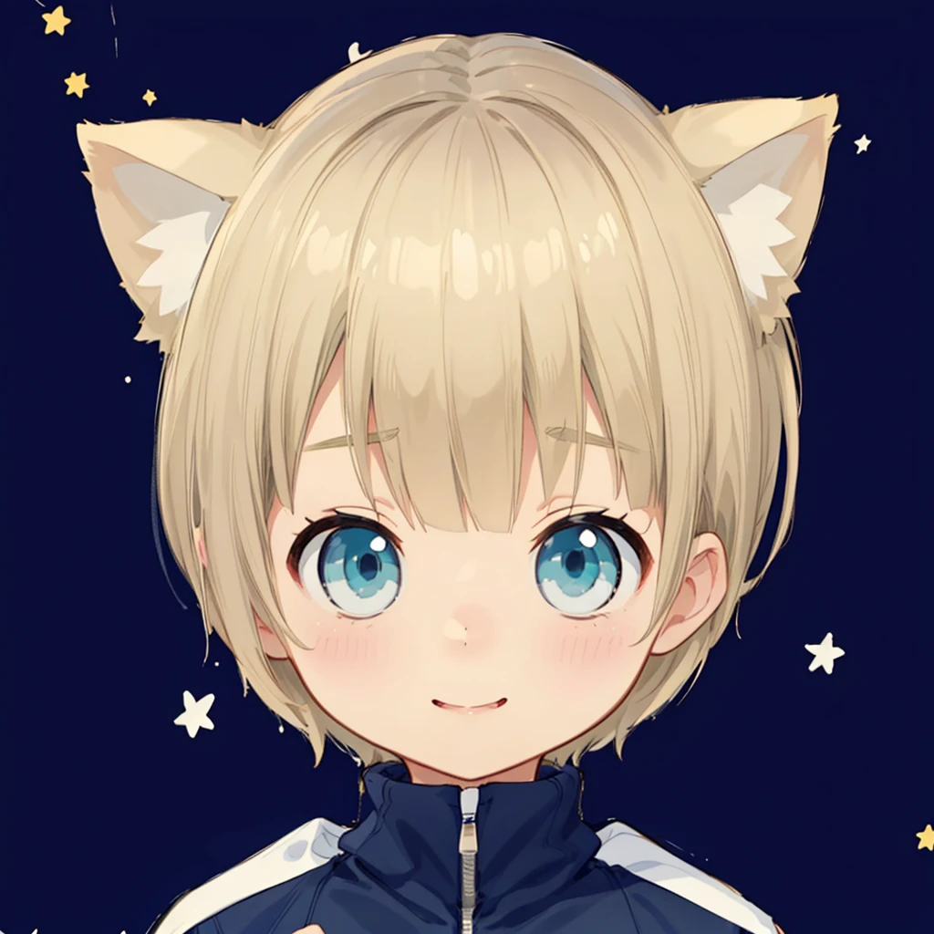 Blonde Hair、Shortcuts、Side hair is curled inward、Curly hair along the jawline、Navy blue jersey upper body_White line with thin yellow border from shoulder to wrist、Black shorts、barefoot, Little , Little, Laughter (Solo Girl)、Looking up、The camera is from above、、Please draw the fingers in detail、Turquoise Eyes、Aspect Ratio Auto Adjustment、Cat ear