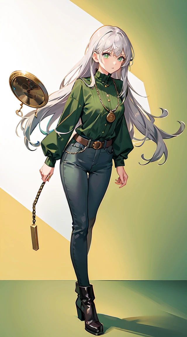 1girl, long silver hair, short, Tight green shirt, green pants, golden belt, swirl eyes, hypnosis, holding a pocket watch, white background, standing, full body, white boots, looking at the viewer, from the front, best quality, masterpiece