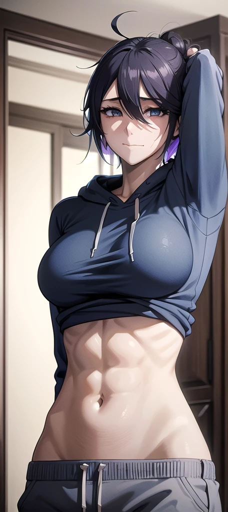 masterpiece, 1girl, solo, highlights in the eyes, angry, blue hoodie, white t-shirt, gray sweatpants, purple and blue two-tone hair, black back of hair, disheveled hair, indoor, in a living room, sexy, 8k, belly button, slim, beautiful skin, abs