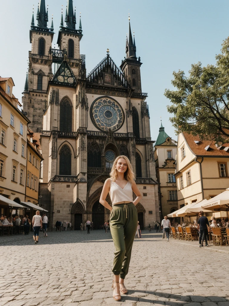 her name is Elle, high quality, 1girl, ((20-year-old fit Caucasian woman)), ((20 years old)), ((fit)), ((pale skin)), short bob blonde hair , wearing Rose Gold Sequin Bralette + High-Waisted Forest Green Silk Joggers, pose: standing, background: Write about the magical view of Prague's Old Town Square at dusk, with its gothic spires, medieval astronomical clock, and the lively buzz of cafes and street performers."