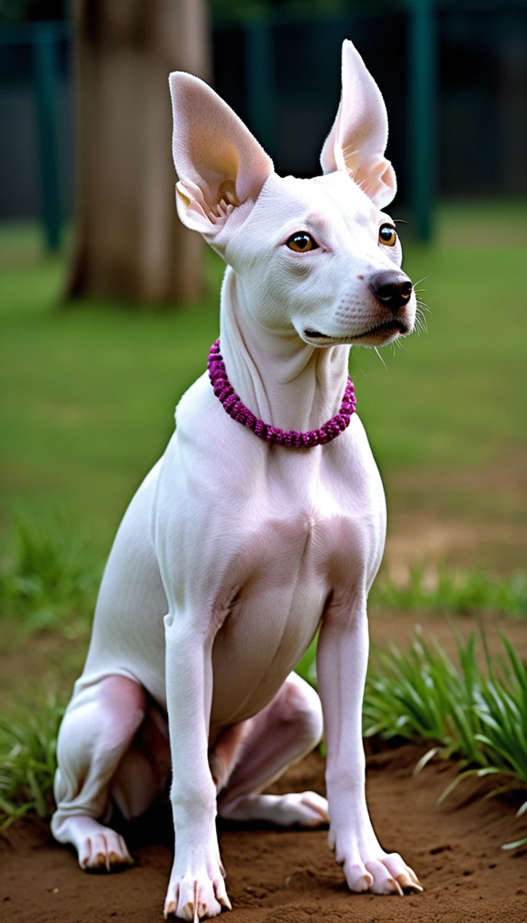 There is no one, realistic photo, photo realism, realism, Kyanen Dogo(Peruvian Inca Orchid), perfect composition, intricate details, Very sharp, masterpiece, profile, high resolution, looking at the viewer, Full body photo in the dog park