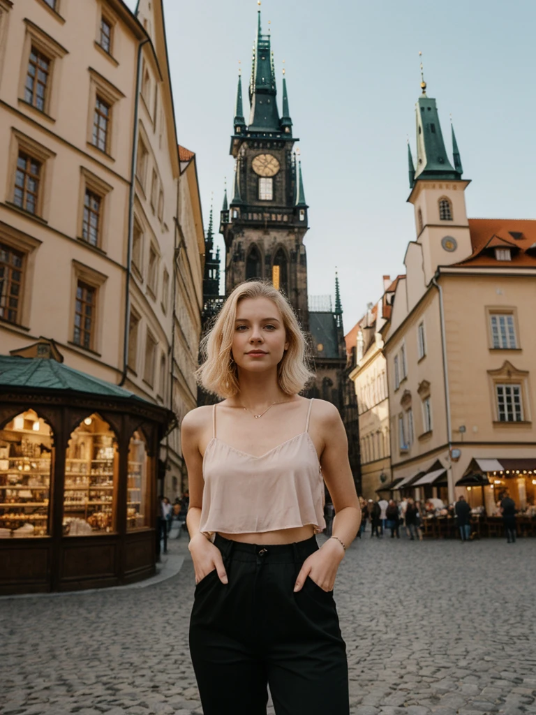 her name is Elle, high quality, 1girl, ((20-year-old fit Caucasian woman)), ((20 years old)), ((fit)), ((pale skin)), short bob blonde hair , wearing Rose Gold Sequin Bralette + High-Waisted Forest Green Silk Joggers, pose: standing, background: Write about the magical view of Prague's Old Town Square at dusk, with its gothic spires, medieval astronomical clock, and the lively buzz of cafes and street performers."