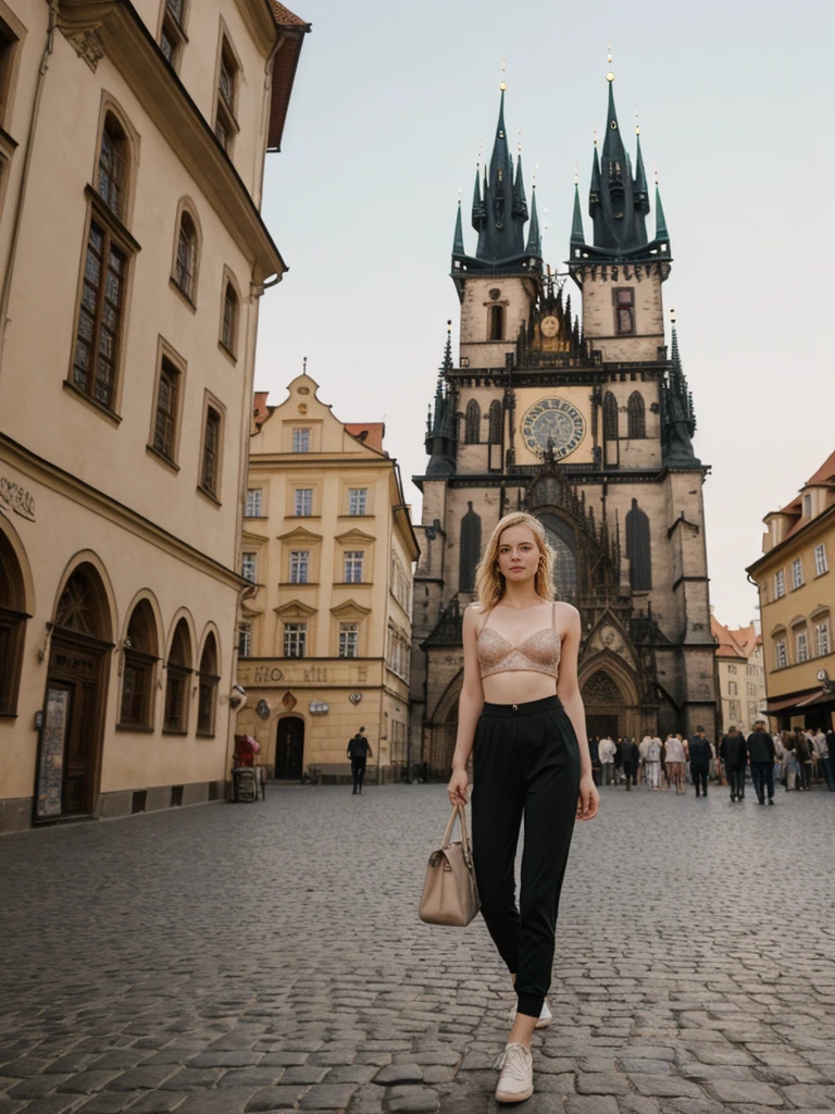 her name is Elle, high quality, 1girl, ((20-year-old fit Caucasian woman)), ((20 years old)), ((fit)), ((pale skin)), short bob blonde hair , wearing Rose Gold Sequin Bralette + High-Waisted Forest Green Silk Joggers, pose: standing, background: Write about the magical view of Prague's Old Town Square at dusk, with its gothic spires, medieval astronomical clock, and the lively buzz of cafes and street performers."