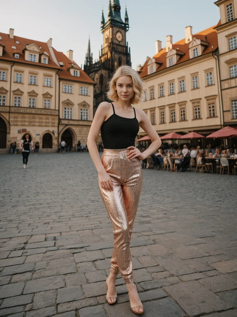 her name is Elle, high quality, 1girl, ((20-year-old fit Caucasian woman)), ((20 years old)), ((fit)), ((pale skin)), short bob blonde hair , wearing Rose Gold Sequin Bralette + High-Waisted Forest Green Silk Joggers, pose: standing, background: Write about the magical view of Prague's Old Town Square at dusk, with its gothic spires, medieval astronomical clock, and the lively buzz of cafes and street performers."