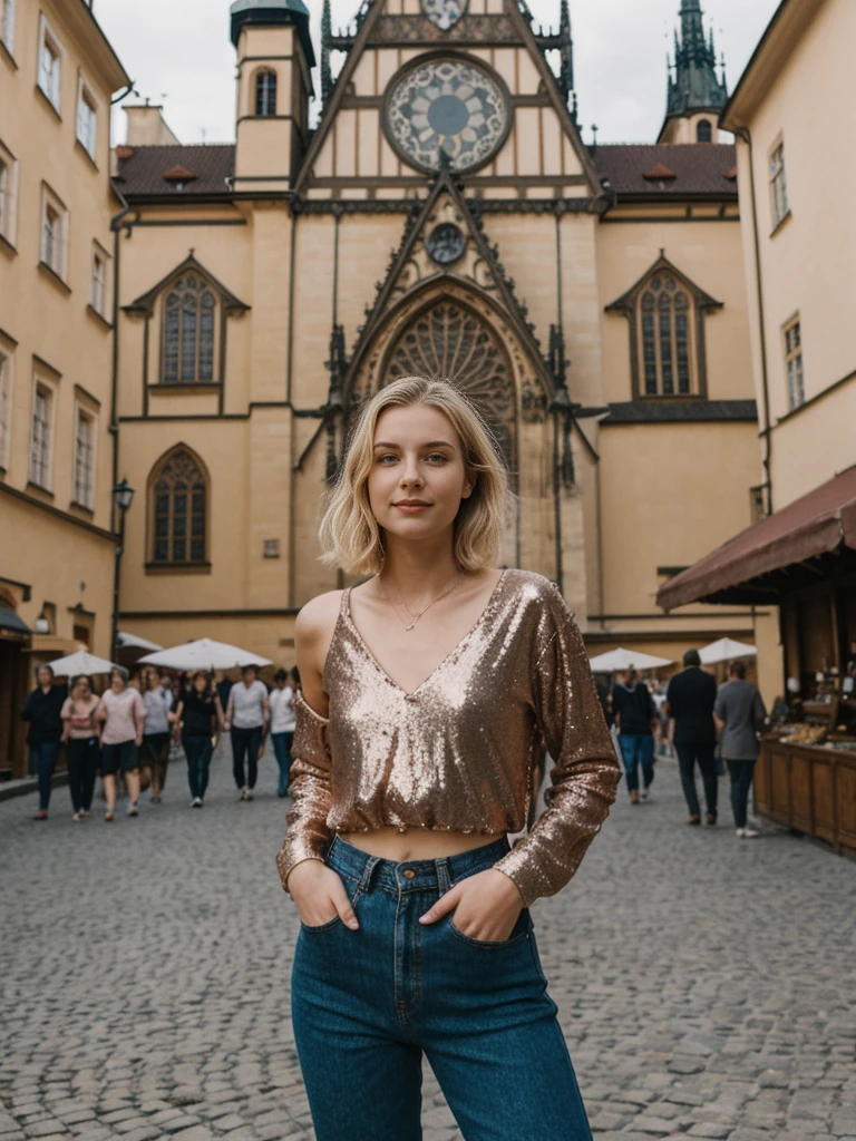 her name is Elle, high quality, 1girl, ((20-year-old fit Caucasian woman)), ((20 years old)), ((fit)), ((pale skin)), short bob blonde hair , wearing Rose Gold Sequin Bralette + High-Waisted Forest Green Silk Joggers, pose: standing, background: Write about the magical view of Prague's Old Town Square at dusk, with its gothic spires, medieval astronomical clock, and the lively buzz of cafes and street performers."