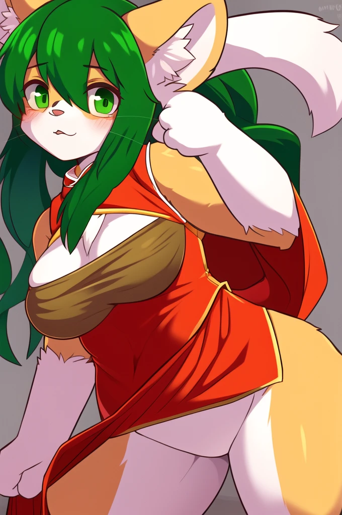 masterpiece, best quality, sundyz, hd, high detail, green eyes, green hair, orange fur, white fur, [[anthro]], ((kemono)), [[furry]], chinese dress, sexy pose,  big breasts, shirt lift,