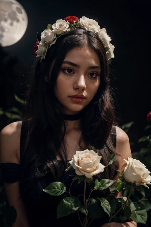 natural human face, She looks at the moon with her full body, she has beautiful small eyes and long natural eyelashes, she has small but little full rose lips, full body. in a dark and smoky background, a big black snake with white on his head, around him red roses with some red on the flowers, no light on the picture