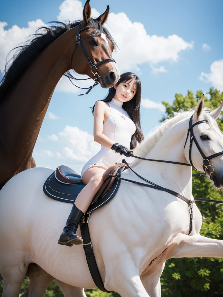 (((Highest quality, masterpiece, Ultra-high resolution, Realistic:1.4, RAW Photos, 非常にdetailed, Perfect Anatomy, An 18-year-old girl in a white leotard riding a pure white, long-winged Pegasus.:1.5,Full body photo, The most famous Japanese actresses)))((Highest quality)), ((masterpiece)), (detailed), One girl, sexy,A cute 18-year-old girl with long black hair riding a Pegasus:1.5,The pure white Pegasus is about to take flight,Cavalry,Impressive