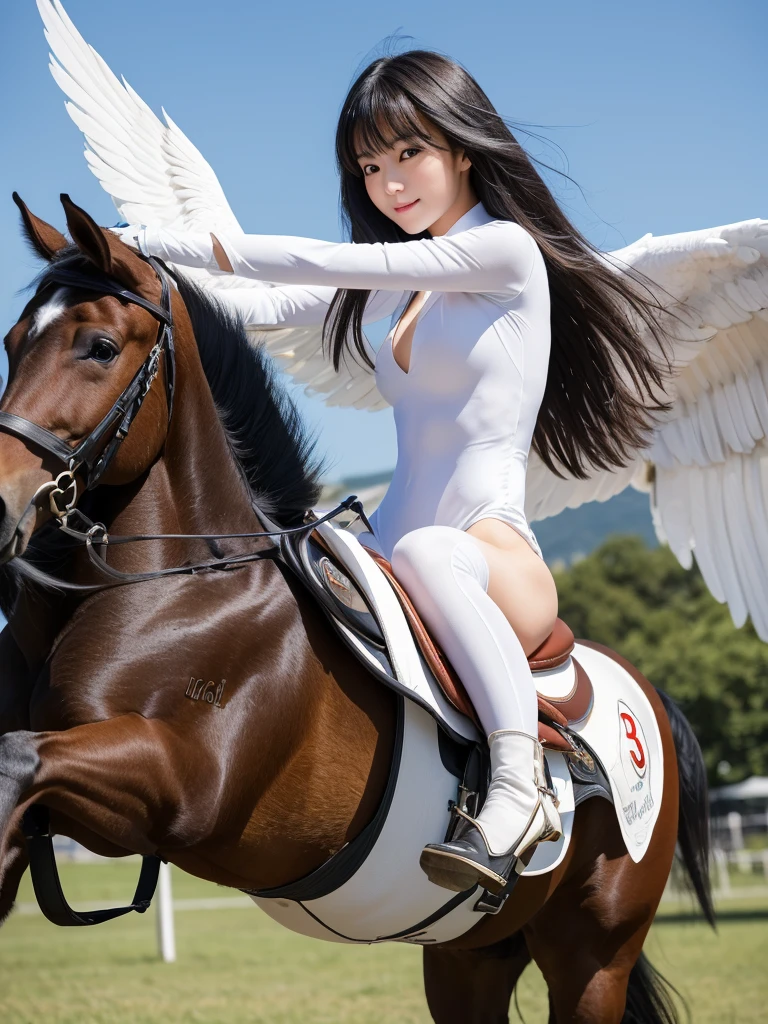 (((Highest quality, masterpiece, Ultra-high resolution, Realistic:1.4, RAW Photos, 非常にdetailed, Perfect Anatomy, An 18-year-old girl in a white leotard riding a pure white, long-winged Pegasus.:1.5,Full body photo, The most famous Japanese actresses)))((Highest quality)), ((masterpiece)), (detailed), One girl, sexy,A cute 18-year-old girl with long black hair riding a Pegasus:1.5,The pure white Pegasus is about to take flight,Cavalry,Impressive