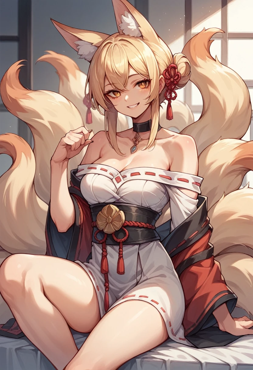 Anime girl, off shoulder robes, nine tails, fox ears, with cunning smile