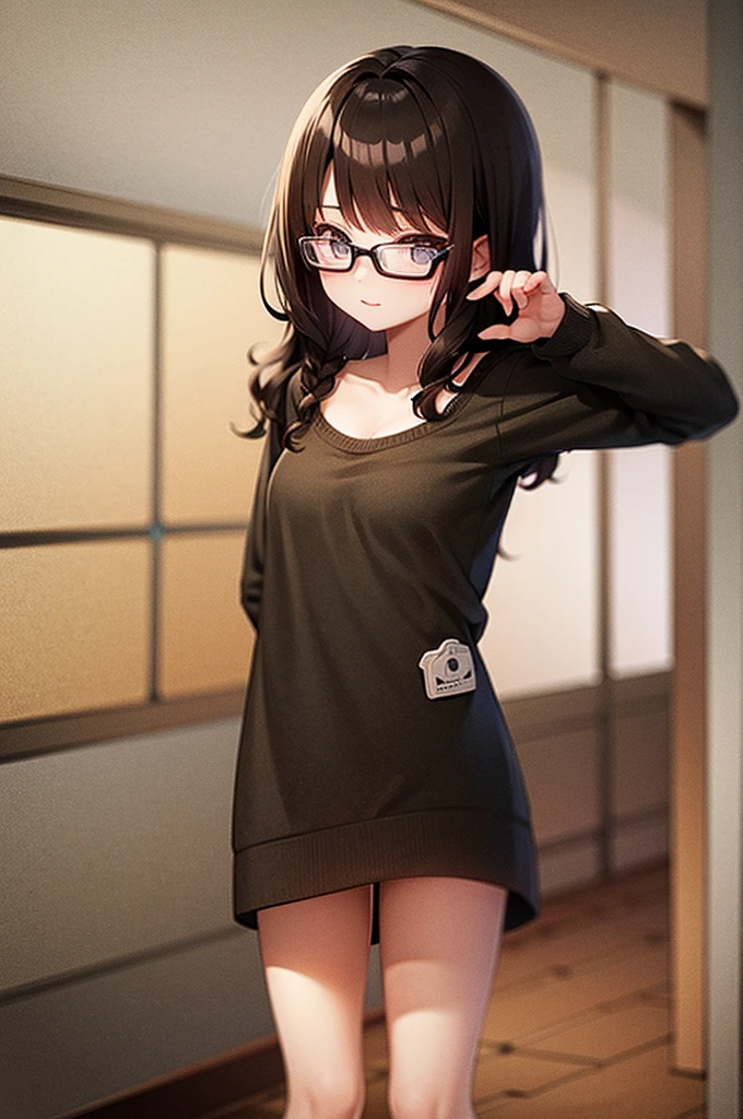 eyes browns, dark brown hair (wavy hair with bangs), square glasses