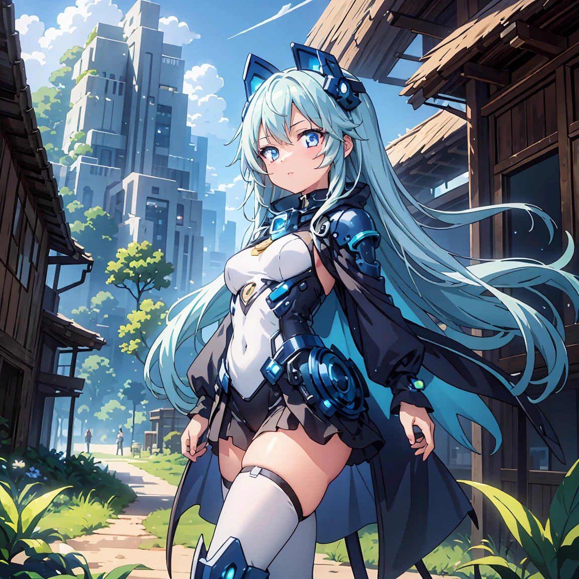 Anime, 2 Characters, (1 Little Anime Girl, Silver Blue Hair, blue glowing star-shaped eyes); (1 Robot, Mech, Tall, Cape, Luminous Eyes, Chunky, Fantasy, Lights, outdated, old style, bronze silver), Nature, Biomes with mountains