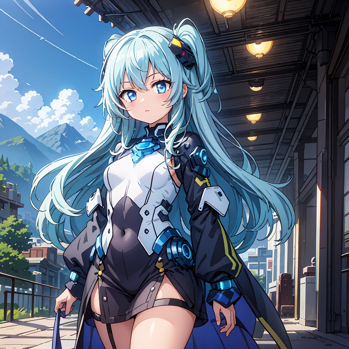 Anime, 2 Characters, (1  Anime Girl, Silver Blue Hair, blue glowing star-shaped eyes); (1 Robot, Mech, Tall, Cape, Luminous Eyes, Chunky, Fantasy, Lights, outdated, old style, bronze silver), Nature, Biomes with mountains